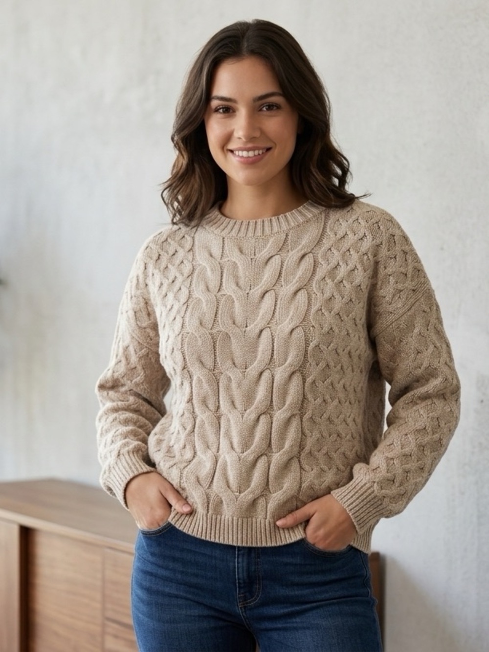 CYRUS Taupe Rayon Blend Chunky Cable Knit Lattice Crewneck Sweater M
